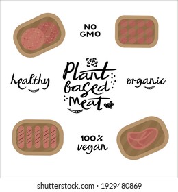 Plant-based meat. Lettering icons. Packaged steak, meatballs, sausages. Vector illustration.