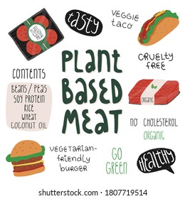 Plant-based meat meals like vegetarian burger, vegan taco, product packs like minced and patties, contents lettering and stickers Healthy, tasty. Alternative food concept.