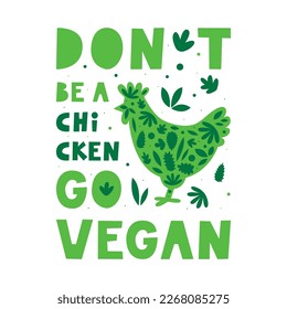 Plant-based meat and protein card and lettering. Silouette of a chicken with leaves. Vegan and vegetable diet. Sustainable climate friendly cruelty free food.