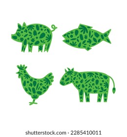 Plant-based meat and protein concept. Green silhouette of animals (pig, cow, chicken, fish) with leaves inside. Vegan and vegetable diet symbols. Sustainable climate cruelty free eating.