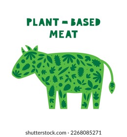 Plant-based meat and protein. Silouette of a cow with leaves. Vegan and vegetable diet. Sustainable climate friendly cruelty free food.