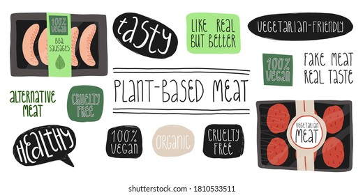 Plant-based meat set. Grill sausages pack, burger patties, hand lettering stickers Vegetarian-friendly, 100 percent vegan, healthy, tasty, Cruelty free, Organic, Like real but better.