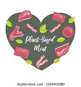 Plant-based meat vector concept. Meat free flat illustration. Vector set of meat pieces with green leaves in heart shape