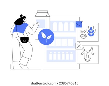 Plant-based milk abstract concept vector illustration. Woman choosing plant milk in grocery store, ecology and health care, sustainable food packaging, genetic engineering abstract metaphor.