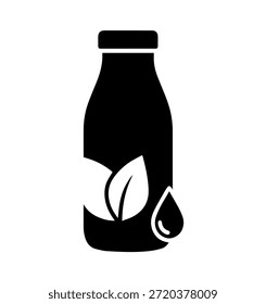 Ícone de garrafa de leite à base de plantas com silhueta de folha e gota, leiteiro vegano alternativa embalagem vetor ilustração
