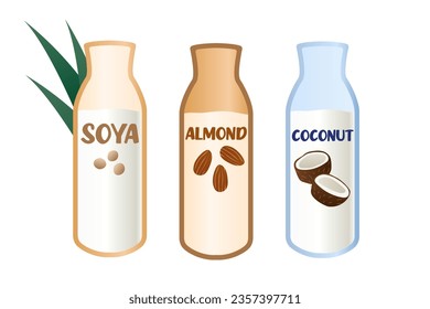 Plant-based milk. Coconut, almond and soy. Vector illustration. Eco products