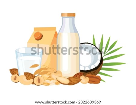 Plant-based milk glass and box vector illustration. Milk alternatives drawing. Glass of plant milk with nuts, oat, soybean, coconut vector. Carton of vegetable milk icon on a white background