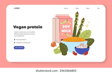 Plant-based nutrition concept. Website banner showcasing vegan protein sources like soy milk and vegetables. Dietary choices for health and sustainability. Vector illustration.