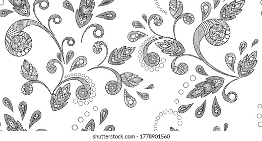 A plant-based paisley pattern for the production of wallpapers, textiles and wrapping paper. Black buds and curls on a white background.