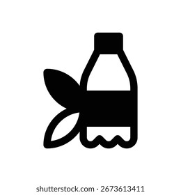 Botella de plástico a base de plantas. Icono de Vector de trazo delineado con detalles rellenos de negro.