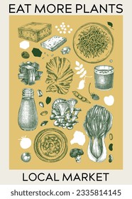 Plant-based products background. Vegan food poster design. Tofu, plant milk, mushrooms, vegetables, nuts, berry, seaweeds, beans, seeds. Healthy food, vegetarian menu design elements, wall art, print