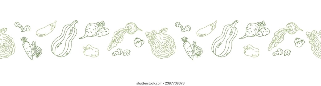 Borde sin costuras a base de plantas con verduras verdes al estilo de doodle. Ilustración plana vectorial sobre fondo transparente