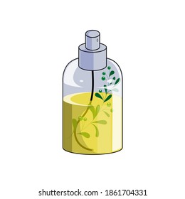 Plant-based spray oil in a transparent bottle with a dispenser and a branch with leaves and berries inside the bottle. Vector illustration, flat cartoon color design, isolated on white background, eps