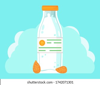 Plant-based vegan almond milk. Healthy cow alternative to lactose milk, an environmentally friendly product lactose free. Milk replacement banner with nutty milk in glass bottle and almond nuts