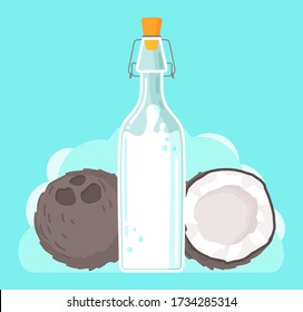Plant-based vegan coconut milk. Healthy cow alternative to lactose milk, an environmentally friendly product lactose free. Milk replacement banner with nutty milk in glass bottle and coconut nuts