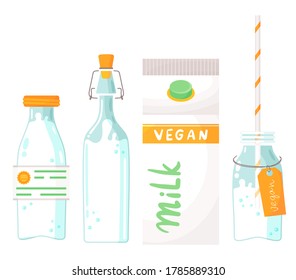 Plant-based vegan milk. Healthy cow alternative to lactose milk, an environmentally friendly product lactose free. Milk replacement banner with set of nutty milk in glass bottles and in paper box