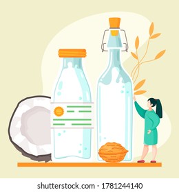 Plant-based vegan nutty milk. Healthy cow alternative to lactose milk. Cartoon illustration of tiny woman near big milk bottles. Vegetarian food banner with milk in glass bottle, coconut and almond
