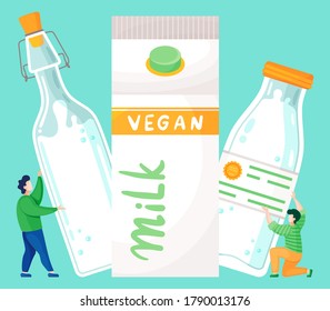 Plant-based vegan nutty milk. Healthy cow alternative to lactose milk. Cartoon illustration of tiny people near big milk bottles and box. Vegetarian food banner with milk in glass bottle and paper box