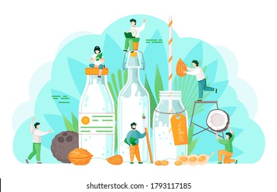 Plant-based vegan nutty milk. Healthy cow alternative to lactose milk. Cartoon illustration of tiny people near big vegan milk bottles and nuts. Banner with bottle, almond nuts, peanut and coconut