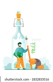 Plant-based vegan nutty milk. Healthy cow alternative to lactose milk, an environmentally friendly product lactose free. Milk replacement banner with milk in bottle, different nuts and a small man