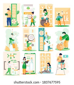 Plant-based vegan nutty milk. Healthy cow alternative to lactose milk. Scenes set with small people near plant products and inscriptions. Banner with milk in bottle, almond nuts, peanut and coconut