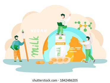 Plant-based vegan nutty milk. Healthy cow alternative to lactose milk. Cartoon illustration of small people near big milk box and nuts. Banner with milk in cardboard box with inscription and peanut