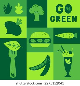 Afiche vegetariano y vegetariano. Tarjeta minimalista abstracta gráfica. Alimentos flexibles y sostenibles, sin productos lácteos y respetuosos con el clima y sin crueldad. 