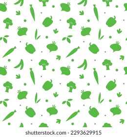 Plant-based vegan and vegetarian seamless pattern. Green vegetables silhouettes. Broccoli, beetroot, carrot, pea pods, bell pepper.