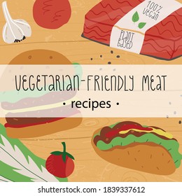 Plant-based, vegetarian meat recipes banner. Vegetable burger, taco with vegan mince, greens, white pepper seasoning, garlic, semi-finished patties and mince pack on wood cutting board or tabletop.