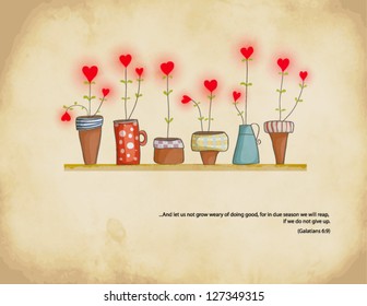 Planted Hearts - Set of colorful flowerpots with hearts in bloom, against a weathered neutral background