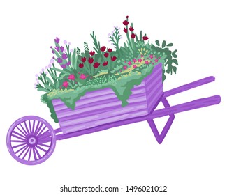 Planted trolley with flowers and grass. Vector isolated illustration on white background. Cartoon flat style.