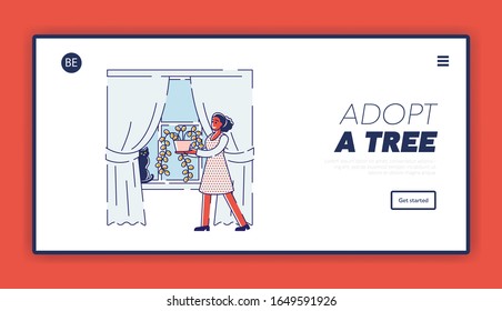 Planter Hobby Website Landing Page. Young Woman Caring for Plants Carry Potted Flower to Put on Window at Home. Botanist Planting Houseplant Web Page Banner. Cartoon Flat Vector Illustration, Line Art