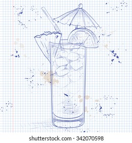 Planter Punch cocktail, consisting of Dark rum, orange juice, pineapple juice, sugar syrup, Grenadine, Lemon, Angostura Bitter, ice cubes, crushed ice, pineapple, maraschino cherry  on a notebook page