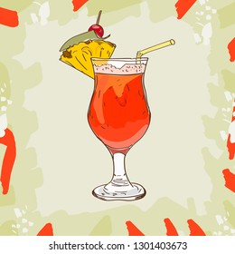 Planter Punch sketch cocktail, of Dark rum, orange and pineapple juice, sugar syrup, Grenadine, Lemon, Angostura Bitter, crushed ice, pineapple, maraschino cherry. Vector hand drawn illustration