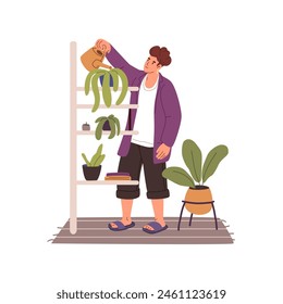 Planter watering houseplant, growing home garden in flowerpots on floral shelf. Person cares about greens in pots. Young man does housework. Flat isolated vector illustration on white background