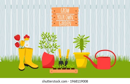 Planters with flowers and seedlings on the background of a wooden fence. Plants in flower pots, rubber boots, watering can shovel. Grow your garden. Flat cartoon illustration.