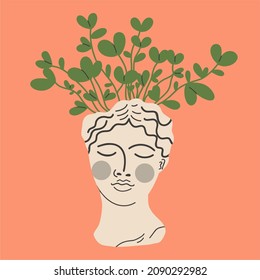 Planters in the Greek style. The head of a goddess with a green plant. Flat design, hand-drawn cartoon.