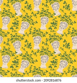 Planters in the Greek style. The head of a goddess with a green plant. Seamless pattern. Flat design, hand-drawn cartoon.