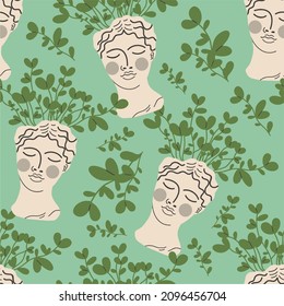 Planters in the Greek style. The head of a goddess with a green plant. Seamless pattern. Flat design, hand-drawn cartoon.