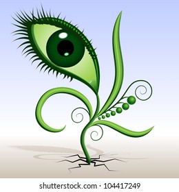 Plant-eye. Vector illustration of green plants sprouted. Abstraction - a flower in the shape of the eye with leaves and tendrils. The grotesque mimicry.