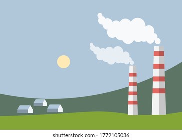 Pflanzen- und Fabrikverschmutzung.Ökologie und Umweltprobleme, Gründe der Luftverschmutzung und Ursachen, Probleme. Umweltproblem, Rauchrohre von Fabriken, Umweltschäden an der Industrie.Vektorflach