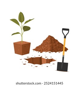 Concepto de plantación. Pozo de tierra con una pala y un montón de tierra cerca de él. Ilustración vectorial aislada en un fondo blanco. Clipart de diseños agrícolas, ambientales y de jardinería.