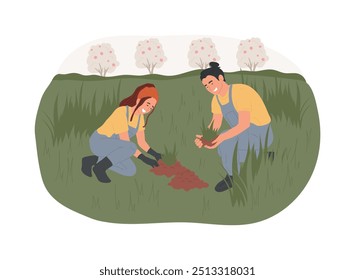 Plantando culturas de cobertura isoladas desenhos animados vetor ilustrações. O plantio de casal cobre as culturas juntas, agricultura sustentável, processo de cultivo e agricultura, ambiente orgânico vetor cartoon.