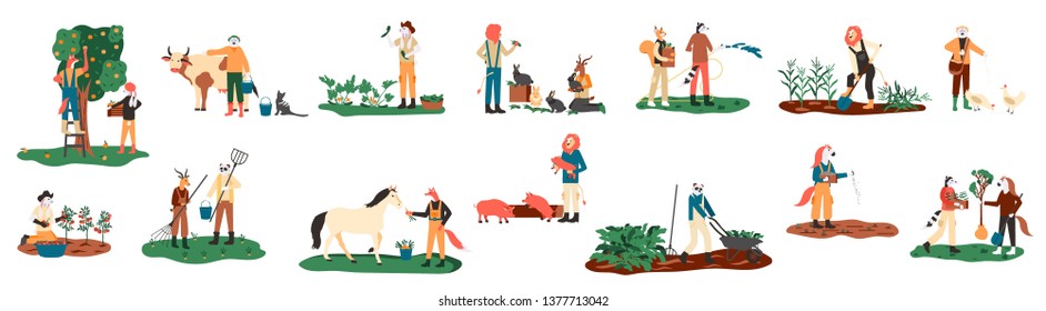 Planting Crops, Feeding Farm Animals,  Milking Cow, Gathering Harvest, Collecting Apples, Carrying Fruits, Working On Tractor Vector Illustration. Set Of Farmers Or Agricultural Workers Flat Cartoon. 