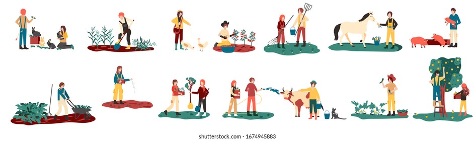 Planting Crops, Feeding Farm Animals,  Milking Cow, Gathering Harvest, Collecting Apples, Carrying Fruits, Working On Tractor Vector Illustration. Set Of Farmers Or Agricultural Workers Flat Cartoon. 