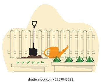 Planting in the field behind the house in a long box, with shovel tools and a watering can. Hobby activity is taking care of plants. Character design. Vector flat illustration