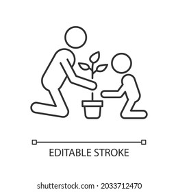 Planting flower with kid linear icon. Gardening experience with children. Plant seeds together. Thin line customizable illustration. Contour symbol. Vector isolated outline drawing. Editable stroke