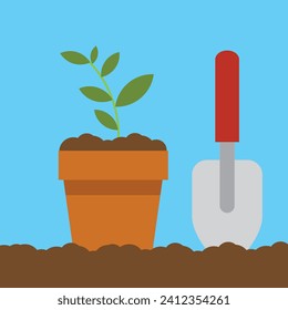 Planting flower in pot. Gardening vector illustration