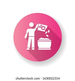 Planting flower seeds pink flat design long shadow glyph icon. Propagating houseplants. Indoor gardening. Domestic plants cultivation. Putting seeds in soil. Silhouette RGB color illustration