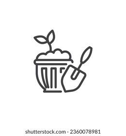 Planting flowers line icon. linear style sign for mobile concept and web design. Flower pot and shovel outline vector icon. Symbol, logo illustration. Vector graphics
